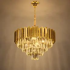 Lustre Pendente Teto Cristais Potente Redondo 50cm Para Sala de Jantar e Hall Bivolt - Luminária Dourado Luxo