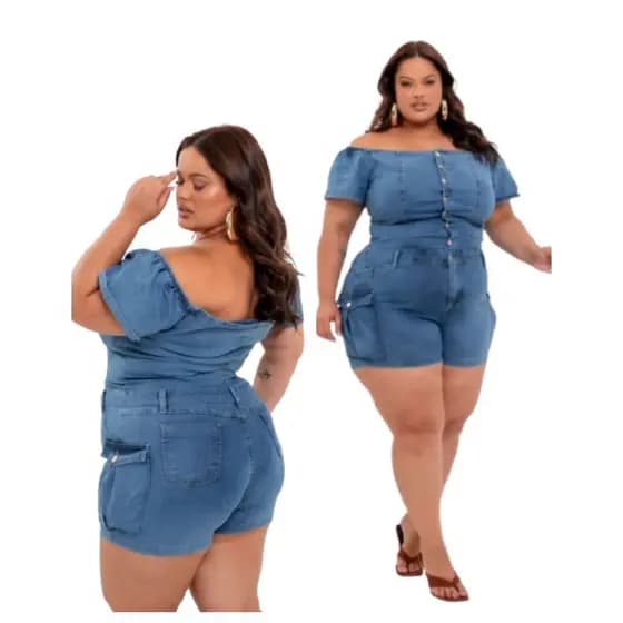 Macacão Short Jeans Feminino Plus Size Ciganinha Estiloso
