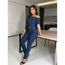 Macacão Ciganinha Jeans Feminino Manga 3/4 Exclusivo Lycra Provedor