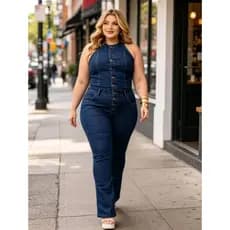 Macacão Flare Plus Size Jeans Feminino Regato Laycra