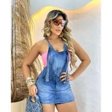 Jardinheira Short Saia Jeans Feminino Curta Moda Blogueira