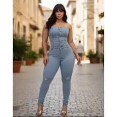 Macacão Tomara que Caia Jeans Feminino Botão Frontal Laycra