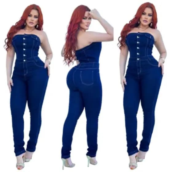 Macacão Tomara-que-caia Jeans Feminino Laycra Impacto