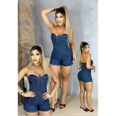 Macacão Tomara que Caia Jeans Feminino Sem Manga Modas Jovem