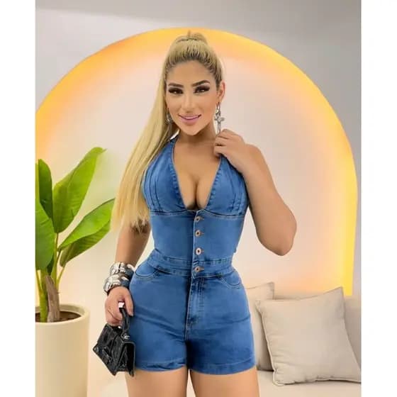 Macacão Curto Jeans Feminino Regato Elegante Laycra