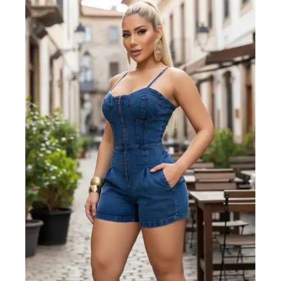Macacão Curto Jeans Feminino Alcinha Blogueira Moda Verão