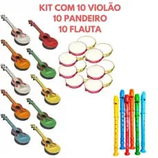 Kit 10 Viola Infantil 10 Pandeiro 10 Flauta Brinquedo Instrumentos Musicais Violão Flautinha 30 Peças