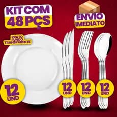 Kit 48 Peças - 12 Pratos Fundos, 12 Facas, 12 Garfos, 12 Colheres— Kit Prato Fundo + Kit Talheres