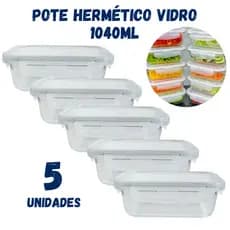 Kit 5 Potes Hermético 1040ml Vidro Tampa 4 Travas Pote Marmita Grande