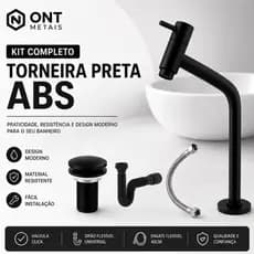 Kit Completo Torneira Preta ABS, Válvula Click, Sifão Universal e Engate Flexível 40 cm.