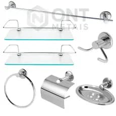 Kit Acessórios Para Banheiro Aço Inox 5 Peças + 2 Porta Shampoo Vidro Reto