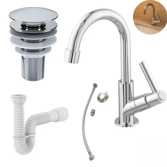Kit de Banheiro em ABS- Torneira Bancada+ Ralo Válvula click 7/8 Cromado + Sifão + Engate 40CM