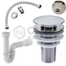 Kit Banheiro Engate Rabicho Flexível 40cm+ Valvula Ralo Click 7/8+ Sifão 72cm Cromado
