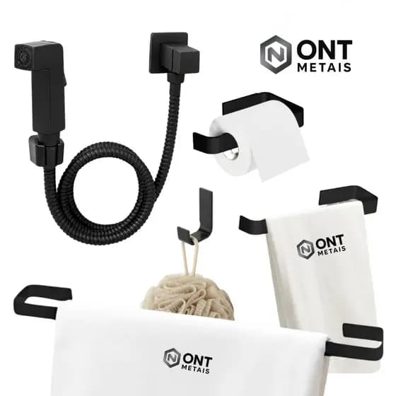 Kit Para Banheiro Preto Fosco 4 Peças Quadrado Luxo + Ducha Higiênica Abs Preto Luxo Acessórios WC