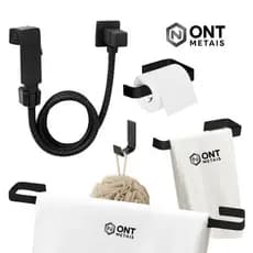 Kit Para Banheiro Preto Fosco 4 Peças Quadrado Luxo + Ducha Higiênica Abs Preto Luxo Acessórios WC