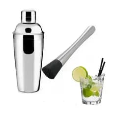 Coqueteleira 500ml AÇO INOX 3 peças + Socador Amassador Caipirinha Kit Bar Man Bebidas Drinks Mojitos