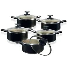 Jogo 5 Panelas Grande Antiaderente 22Cm Teflon Caçarolas Kit Tampa De Vidro Preto E Bege
