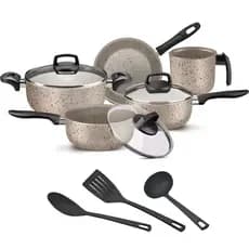 Jogo De Panelas 8 Peças Antiaderente Caçarola Frigideira Não Gruda Tampa De Vidro Cor Vanilla Ceramic Cerâmica