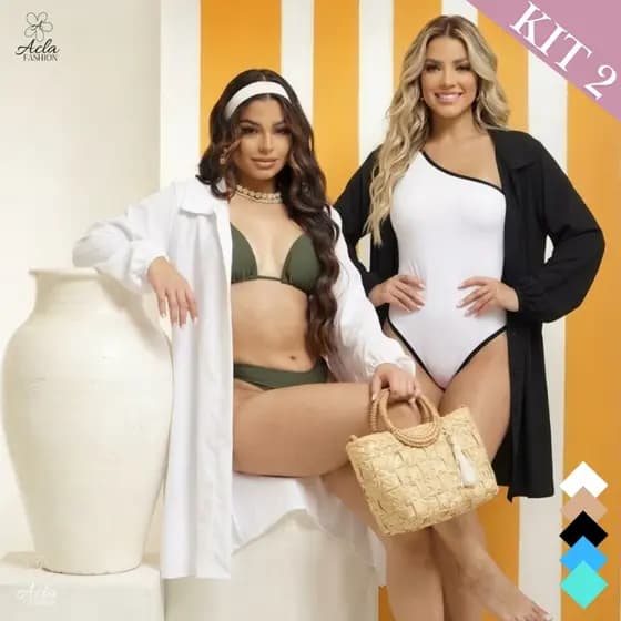 Kit 2 Saída de Praia Chemise Camisão Botões Manga Longa Verão