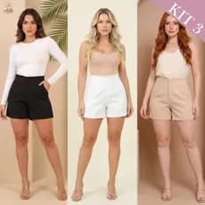 Kit 3 Short Alfaiataria Feminino Cintura Alta Premium Social Verão