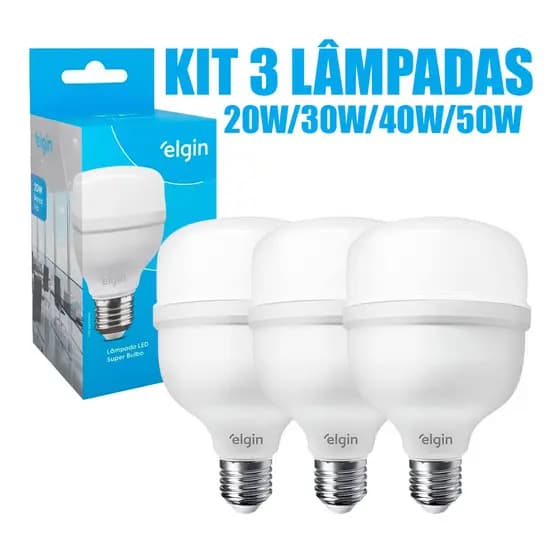 Kit 3 Lâmpadas Elgin Super Bulbo Led Alta Potência 20w 30w 40w 50w Bivolt 110/220V 6500k Luz Branco Frio