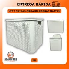 2 X Caixa Organizadora Rattan 25 Litros Cesto Plastico Multiuso Grande Organizador Empilhavel Tampa