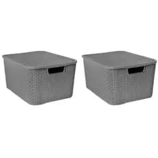 Kit  2 X Caixas Rattan Decorativa 13 Litros Cesto Organizador Plástico Multiuso Com Tampa Decoração