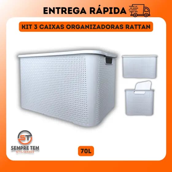 Kit 3 X Caixa Organizadora Rattan 70 Litros Grande Cesto Organizador Multiuso Plastico Reforçado 70L