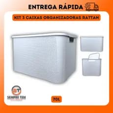 Kit 3 X Caixa Organizadora Rattan 70 Litros Grande Cesto Organizador Multiuso Plastico Reforçado 70L