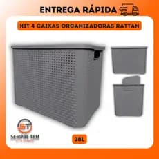 4 X Caixa Organizadoras Rattan 28 Litros Cesto Multiuso C Tampa Empilhavel Plastico Decoraçao Grande