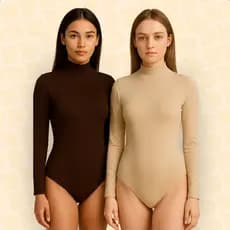 KIT 2 Body Feminino Manga Longa Marrom e Bege Básico Liso Gola Alta