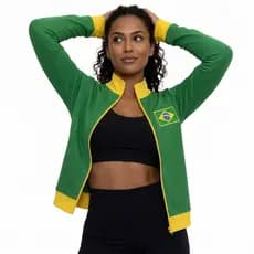 Casaquinho Fitness Feminino Brasil Copa 2026 em Suplex com Zíper | Manga Longa com Dedão | Jaqueta Esportiva Academia