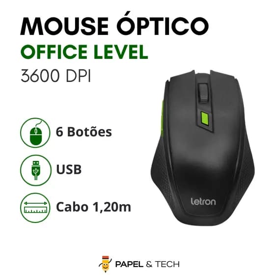 Mouse Gamer Óptico USB 3600 DPI 6 Botões Letron Preto e Verde