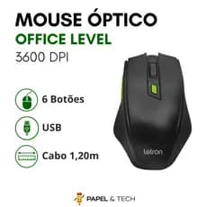 Mouse Gamer Óptico USB 3600 DPI 6 Botões Letron Preto e Verde