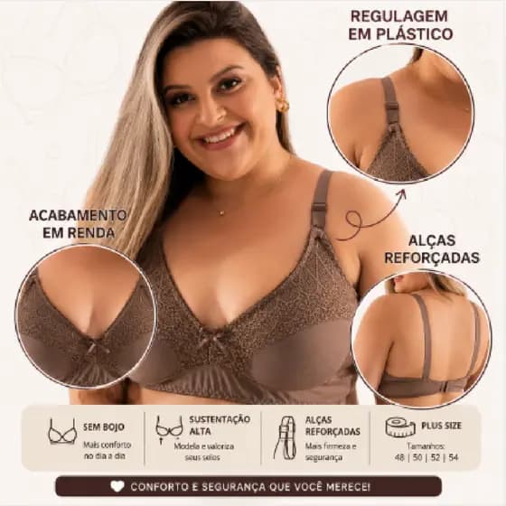 Sutiã Plus Size Sem Bojo Reforçado Sustentação Alta Confortável Alça Larga 50 52 54