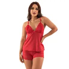 Conjunto Pijama Baby Doll Alcinha Confortável Feminino Short Dool Poliéster Adulto Luxo Moda Noite