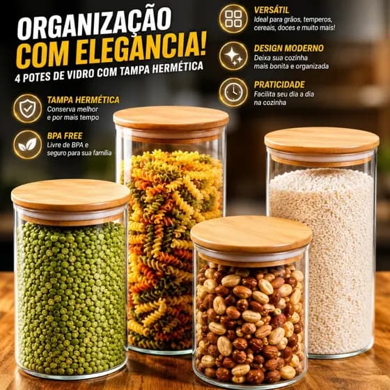 Kit 4 Potes Herméticos Vidro Tampa Bambu Para Mantimentos Cozinha Alimentos Redondo