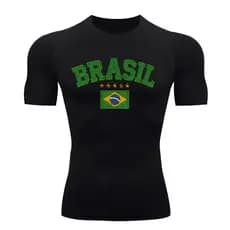 Camiseta Compressão Manga Curta UV Brasil Bandeira Estilo Bordado Varias Cores Rash Guard