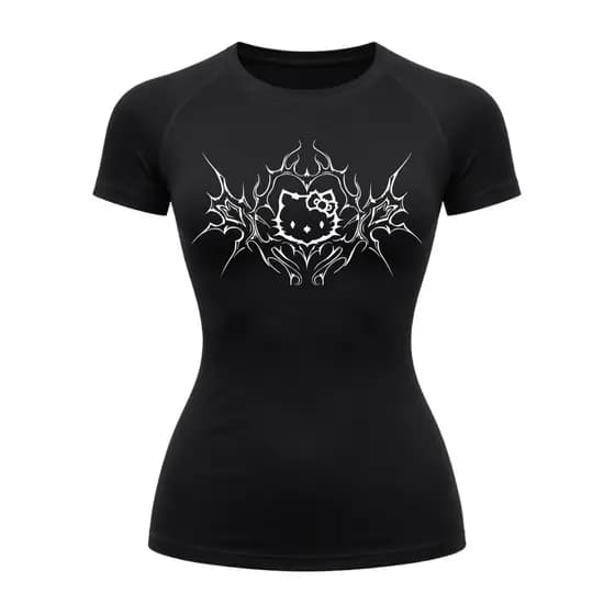 Camiseta Compressão Uv Manga Curta Cyber Tribal Black Heart Hello Kitty Rash Guard