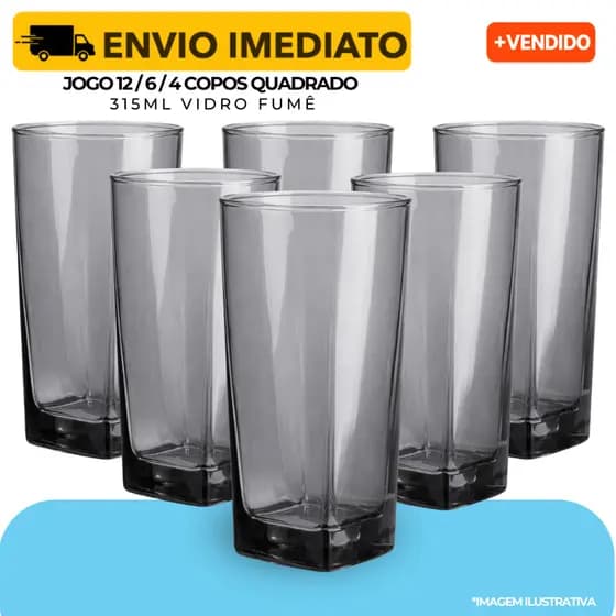 Jogo 12/6/4 Copos Vidro Quadrado Fumê Metalizado Luxo 315ml Cinza - Resistente