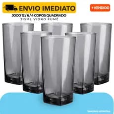 Jogo 12/6/4 Copos Vidro Quadrado Fumê Metalizado Luxo 315ml Cinza - Resistente