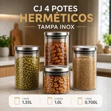 Kit 4 Potes Vidro C/ Tampa Inox Hermético Organizadores Cozinha