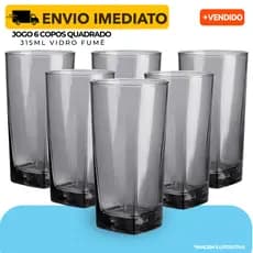 Jogo 6 Copos Vidro Quadrado Fumê Metalizado Luxo 315ml Cinza - Resistente