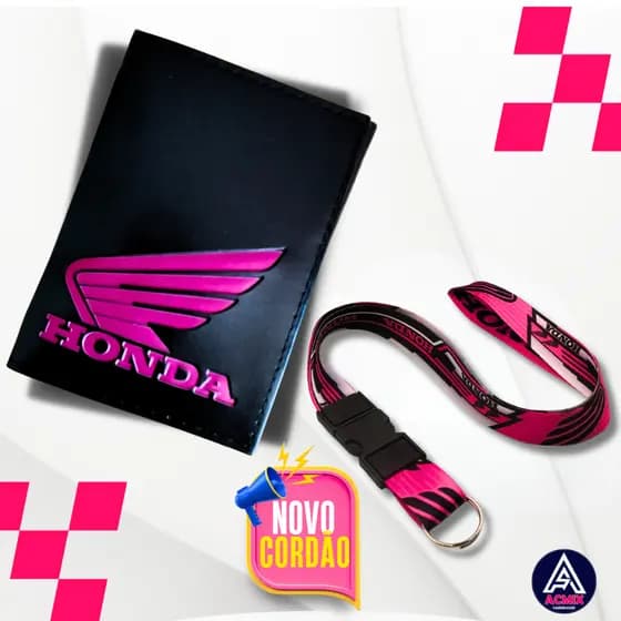 Kit Carteira Porta Documentos Moto Honda Pink + Cordão Pescoço Engate Rápido Honda Pink