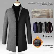 Casaco masculino de lã tweed de comprimento médio para outono e inverno, estilo trench coat para executivos.