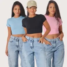 Kit 3 Cropped  Feminino Blusinhas Curta Manga Baby Tee Suplex Básica