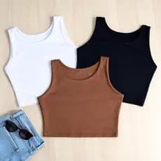 Kit 3 Cropped Feminino Regata Top Liso Básico Suplex Forro Duplo