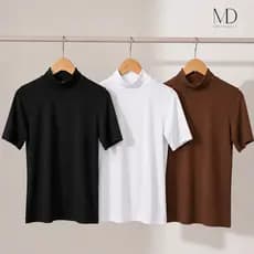 Kit 3 T-Shirt Feminina Blusa Gola Alta Camiseta Manga 3/4 100% Algodão Básica