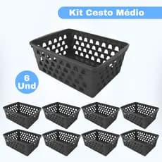 Kit C/6 Cestos Organizador Preto Médio 20x15x7Cm Multiuso Gaveta Armário Lavanderia