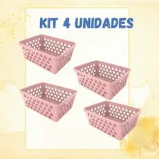 Kit 4 Cestos Rosa Médio Para Organização de Gavetas 20x15x6Cm